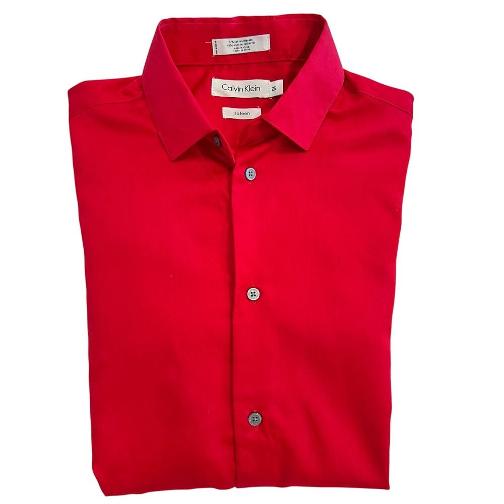NWT Calvin Klein Boys 18 SATEEN Long Sleeve Button Down Shirt Collared RED $34